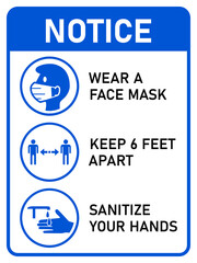 Fototapeta na wymiar Vertical Instruction Signboard with Basic Set of Measures against the Spread of Coronavirus Covid-19, including Wear a Face Mask, Keep 6 Feet Apart and Sanitize Your Hands. Vector Image.