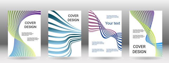 Set of abstract covers. Cover design, background. Shades of blue, green, wavy parallel gradient lines. Trendy banner, poster. EPS vector