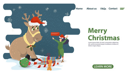 banner for Christmas and new year design of web pages mobile applications assistant elf looks at a deer in a Santa hat flat vector illustration