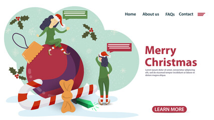 banner for Christmas and new year design of web pages mobile applications assistants elves next to a large Christmas ball flat vector illustration