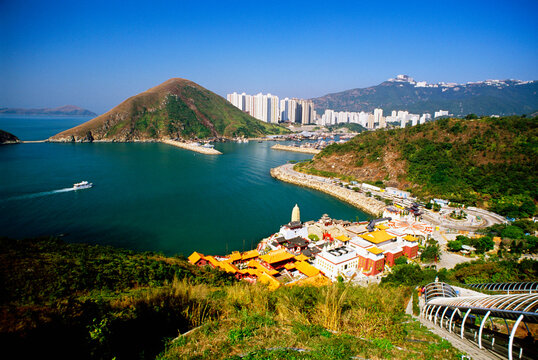 High angle view of a cultural park near the sea, Hong Kong, China 