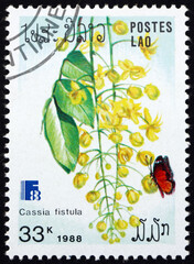 Postage stamp Laos 1988 golden shower, flowering plant
