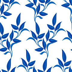 Seamless background from bright blue creeper leaves. Botanical flat design for printing on wallpaper, textile, fabric, covers, postcard. card. Vector illustration isolated on a white background