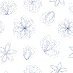 Seamless vector illustration with abstract flowers. Silhouette with dark blue flowers on a white background. Textile, print pattern. 