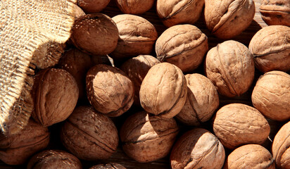 Walnuts are emptied out of the bag. Scattered nuts.