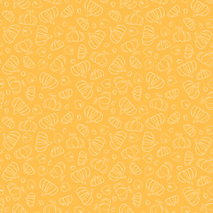 Outlined pumpkin vector seamless pattern. White doodle squash on yellow background. Frequent print with pumpkin for home textile and kitchen decor. Thanksgiving Halloween wrapping paper. Autumn season