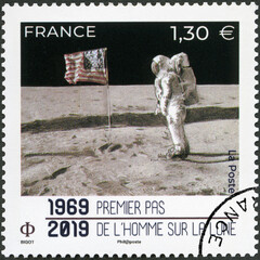 FRANCE - 2019: shows First Moon Landing, July 20, 1969, Moon Landing, the Apollo 11,  50th Anniversary, 2019