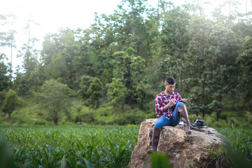 Naklejka na ściany i meble Young farmer sitting recording the growth of corn in corn fields on big stone, Agribusiness concept.