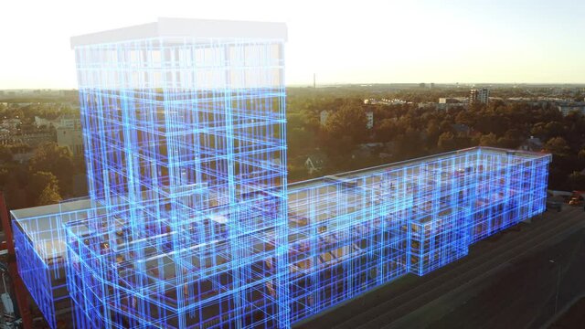 Aerial Drone Footage with VFX Concept: Building Construction Site Becomes Finished Project with 3D Graphics Animation Effects. Visualization, Digitalization of Design, Development of Futuristic City