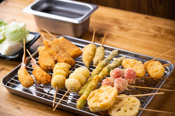 Kushikatsu or Kushiage, japanese Osaka style deep fried skewers