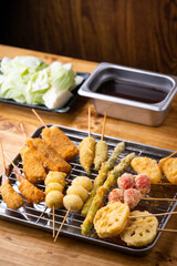 Kushikatsu or Kushiage, japanese Osaka style deep fried skewers