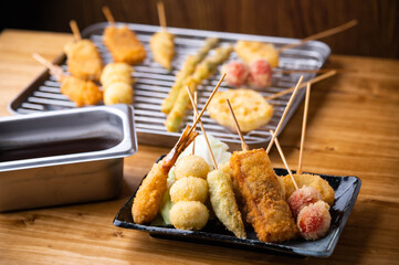Kushikatsu or Kushiage, japanese Osaka style deep fried skewers