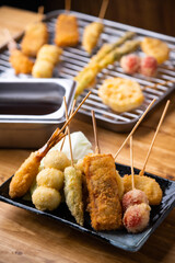 Kushikatsu or Kushiage, japanese Osaka style deep fried skewers