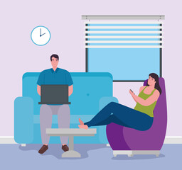 telework, young couple working from house vector illustration design