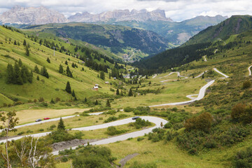 Road climbing Pordoi Pass in northern Italy