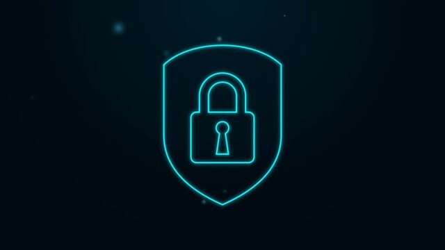 Glowing neon line Shield security with lock icon isolated on black background. Protection, safety, password security. Firewall access privacy sign. 4K Video motion graphic animation.