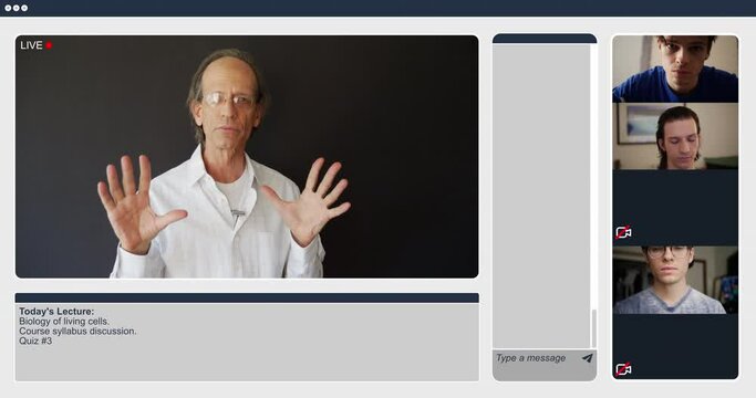 A college professor teaching remote learning online classes to school students on a video chat application.