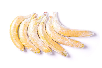 Banana fruits wrapped in stretch wrap plastic isolated background, minimalistic creative layout, ecology and environment concept