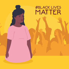 black lives matter, woman African with silhouette of protesting people, stop racism concept vector illustration design