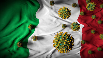 COVID-19 Coronavirus Molecules on Italian Flag - Health Crisis with Rise in COVID Cases - Italy Virus Pandemic Casualties Abstract Background - 3D Illustration