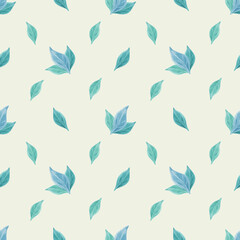 Seamless pattern of branches with green leaves on a light background, illustration with acrylic