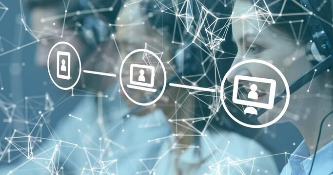 Network of digital icons against customer care executives wearing headset