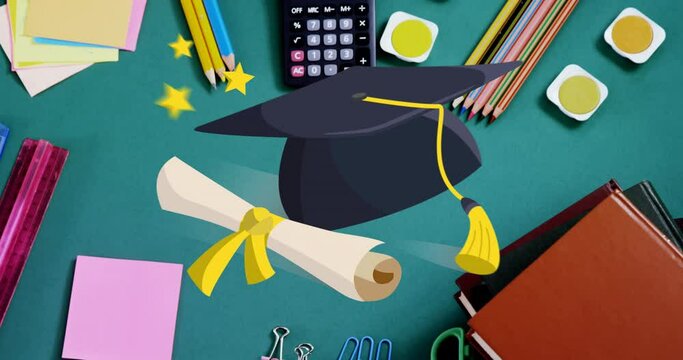 Graduation hat and diploma icon against various school items