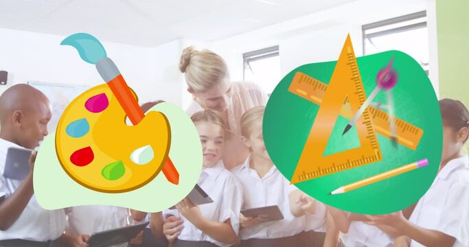 Color palette  and geometrical instruments icon against students using digital tablet in class