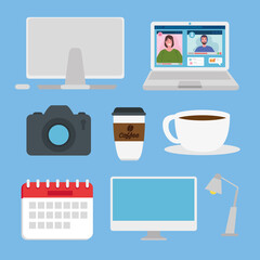 couple in video conference on laptop with set icons vector illustration design