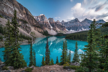 Moraine Lake and Valley of the Ten Peaks at dusk in Banff National Park, Alberta, Canada.