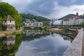Besançon, France - 08 29 2020: View of the quays of the doubs from the Swing bridge