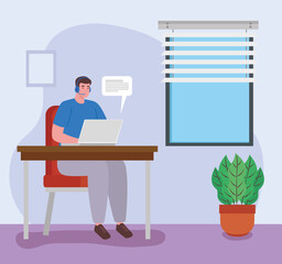telework, agent male call center, working from home vector illustration design