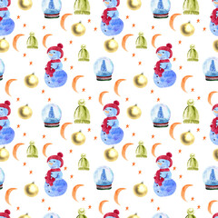 Watercolor Merry Christmas Snowman seamless pattern on white background. For decoupage, wallpaper design, fabrics. Printing of prints and postcards