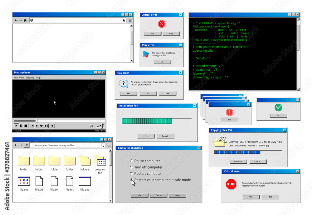 Aufkleber Computer window. Retro browser interface with popup error and warning windows, classic old software UI. Vector illustration website and loading windows set