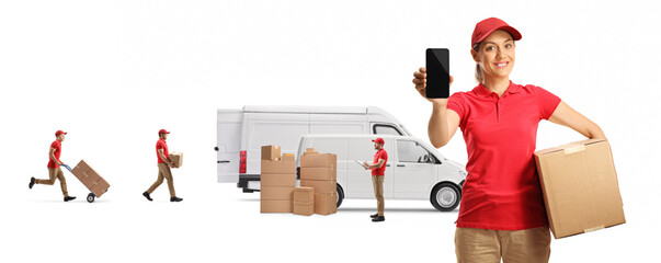Female delivery worker holding a cardboard box and a smartphone with male workers and a transport vans