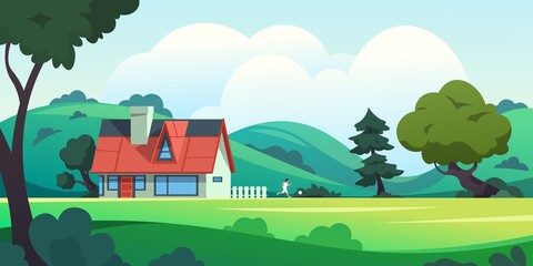 Forest house. Countryside cartoon landscape with rural building among trees and summer nature scene. Vector illustration farmland with home and running kid