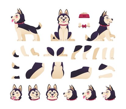 Dog animation. Cute cartoon pet motion set with moving body parts, happy puppy different postures. Vector collection of animal emotions, flat design