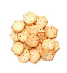 Delicious crispy crackers isolated on white, top view