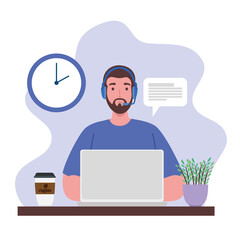 telework, agent male call center working from home scene vector illustration design