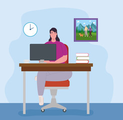 telework, woman with computer in desk, working from home vector illustration design