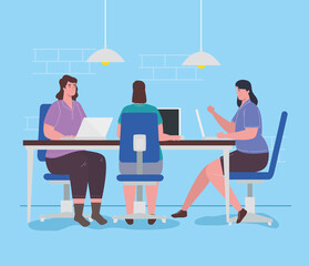 coworking space, group women with laptops in big desk, team working concept vector illustration design