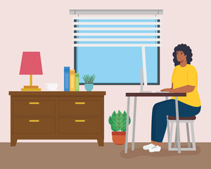 telework, woman afro working from home vector illustration design