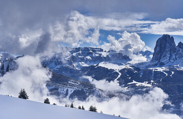 view of the dolomites of the Alps on a winter sunny day
