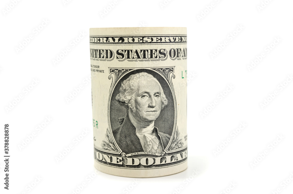 Wall mural rolled 1 dollar bill isolated on white background.