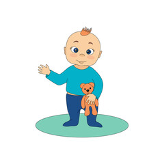 Vector isolated illustration. Cute little boy standing with bear toy and waving hand