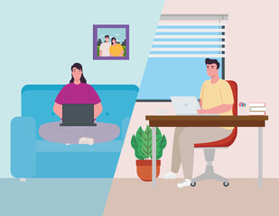 Fototapeta na wymiar scenes telework, young couple working from home vector illustration design