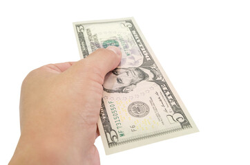 5 dollars in a female hand isolated on white background. Close-up.