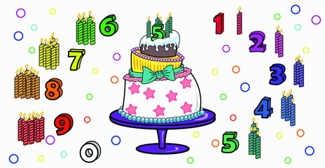 Multi-colored children's cake for a party, holiday, birthday, bright and beautiful, with a set of candles and numbers, vector, isolated on a white background