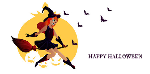 
stylized Halloween poster design. Image of a happy witch on a broom against the background of a pumpkin silhouette . Perfect for postcards, flyers, invitations. EPS10