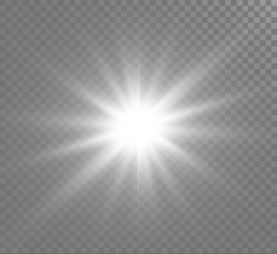 White glowing light explodes on a transparent background. Sparkling magical dust particles. Bright Star. Transparent shining sun, bright flash
